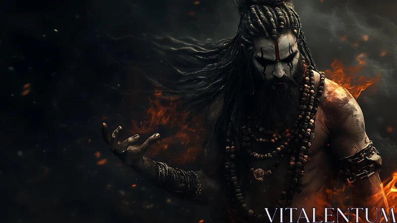 Warrior mystic with face paint amid controlled flames.