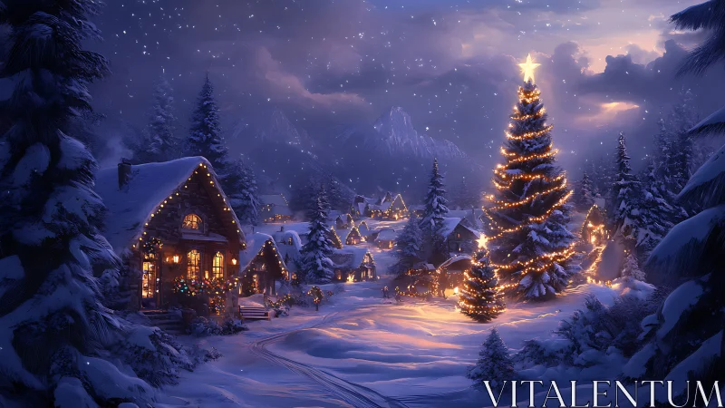 Starlit alpine village wrapped in glowing Christmas wonder.