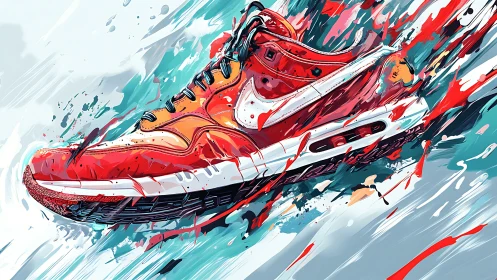 Red running sneaker explodes through dynamic paint streaks