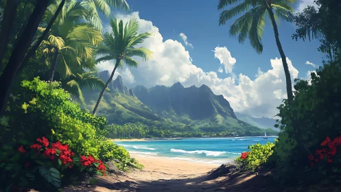 Tropical Paradise Beach Cove Framed by Lush Island Vegetation