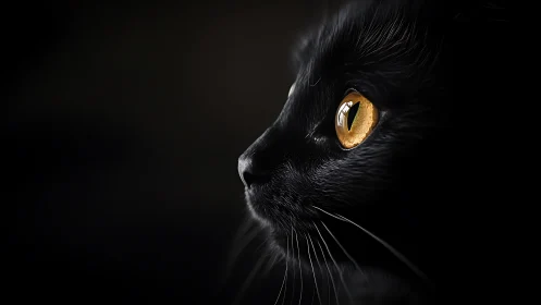 Black cat head profile with amber iris against dark background
