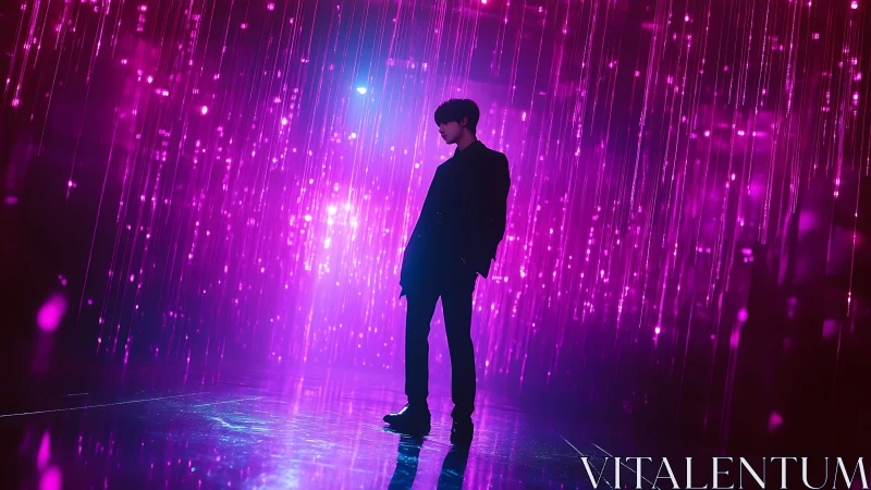 Silhouetted figure stands in neon magenta light curtain environment