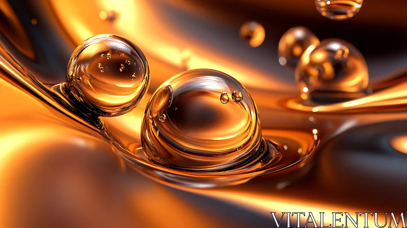 Glowing amber liquid spheres on reflective metallic surface.