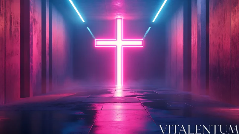 Neon cross glowing in misty corridor with bold pink light.