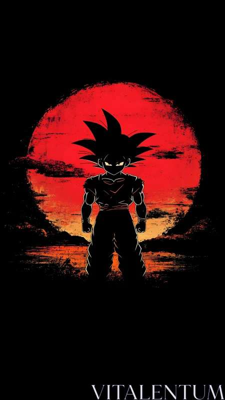 Silhouetted anime warrior stands against a burning red sun