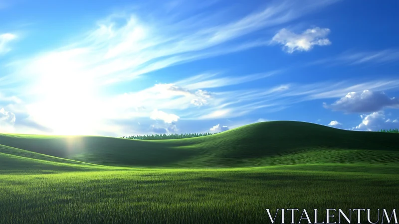 Sunlit digital hills render expansive luminous grassland