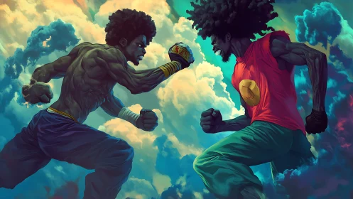 Skybound afro warriors trading thunderous heroic punches.