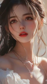 Soft-lit digital portrait captures a wistful feminine gaze