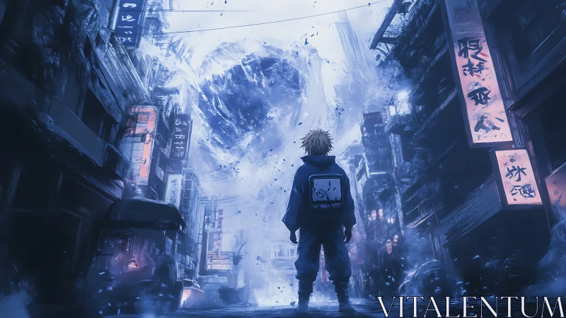 Lone wanderer confronts swirling portal above neon city street