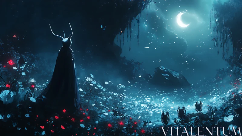 Horned cloaked figure in bioluminescent forest at night.