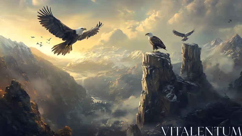 Majestic eagles soaring above dramatic mountain cliffs at sunrise.