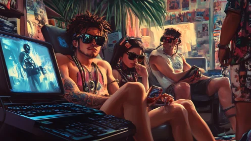 Cyberpunk hackers lounge in neon-lit retro workstation interior