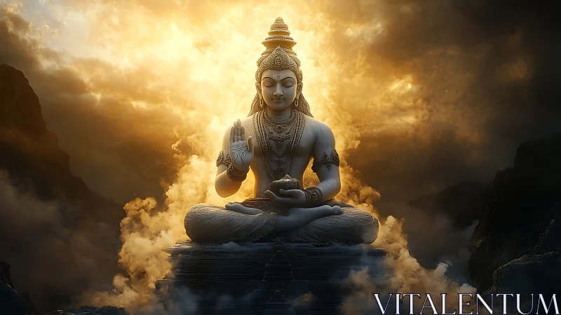 Divine stone Buddha sits amid glowing mountain clouds at dusk