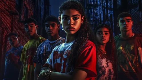 Teen street crew stands united in vivid neon alleyway.