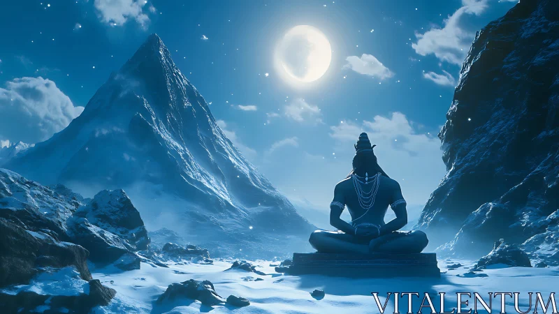 Lord Shiva meditates beneath a luminous full moon in Himalayas.