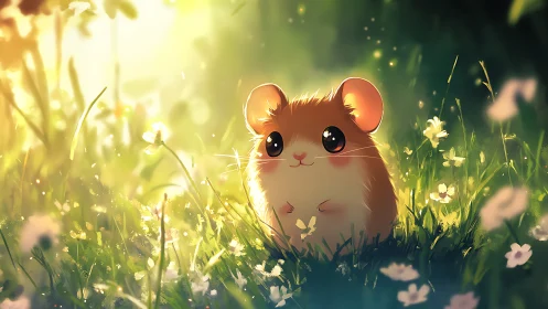 Gentle hamster admires sunlit wildflower meadow in peace.