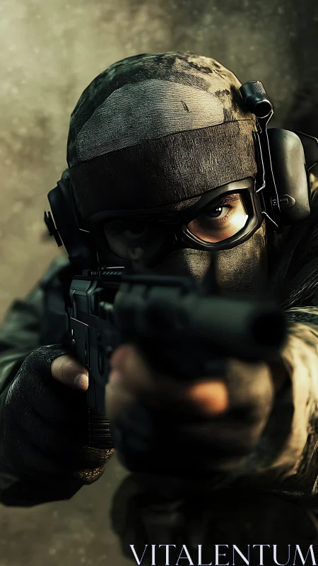 Tactical operator in ballistic gear aiming suppressed carbine