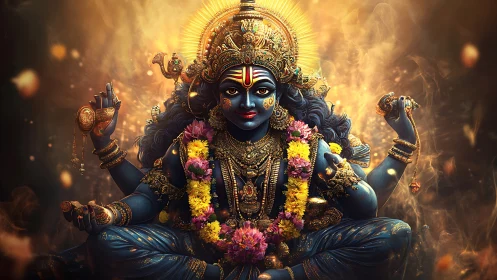 Blue multi-armed Hindu deity in ornate golden adornment.