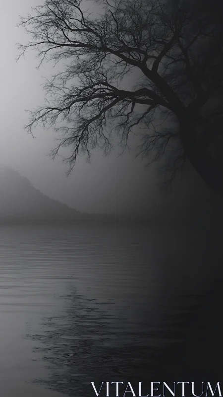 Bare tree silhouette over calm misty lake surface at dusk.