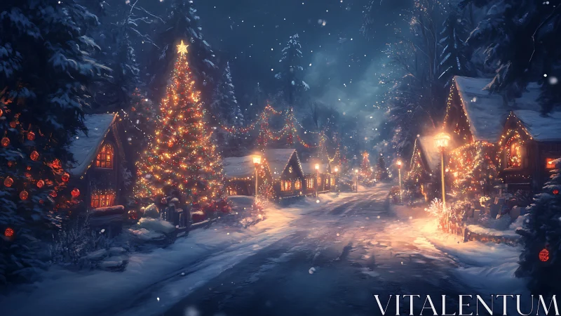 Snow-dusted village lane glowing with storybook Christmas lights.