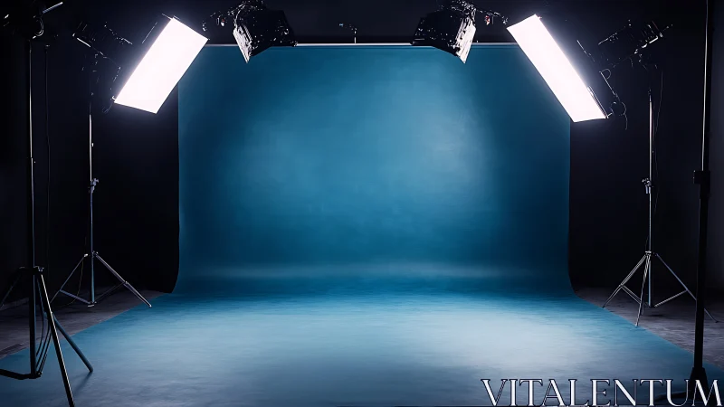 Studio backdrop awaits under softbox lights in dark room.