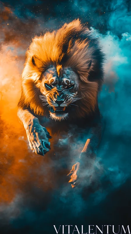 Roaring lion leaping through contrasting orange and blue haze.