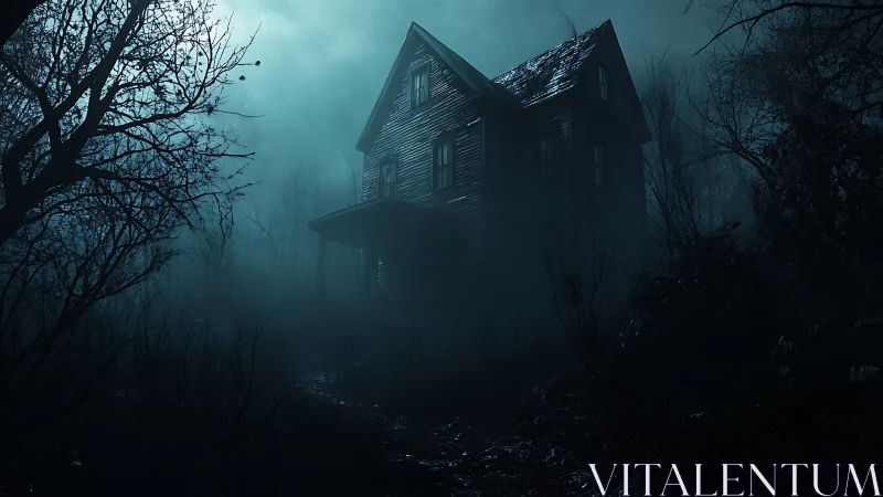 Moody old house rises from misty woods under a brooding sky