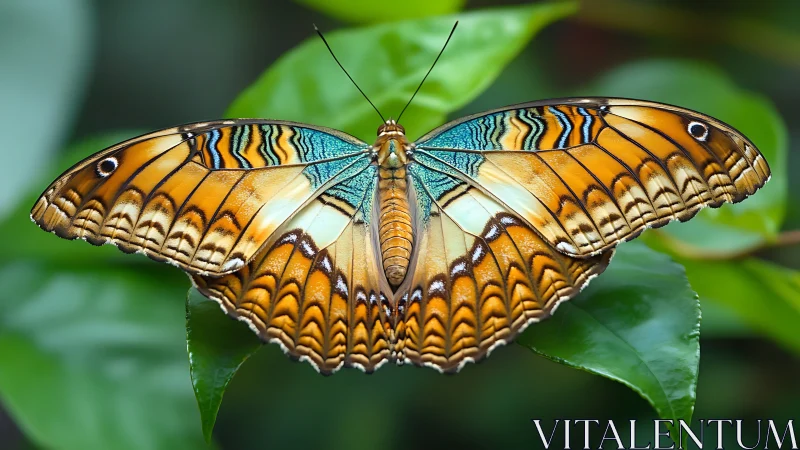 Butterfly wings display intricate orange and teal patterns.