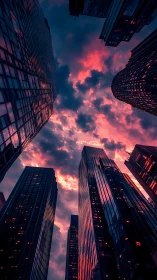 Skyscrapers under vivid red sunset clouded evening sky.