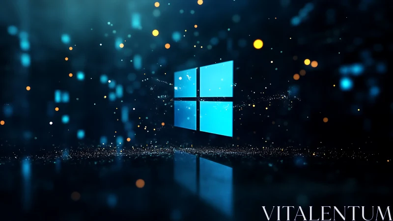 Windows logo glows amid digital bokeh particles in blue space.
