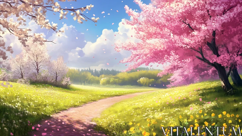 Spring meadow path with blossoming cherry trees under sky.