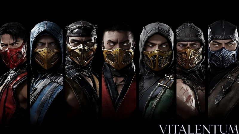 Armored masked warriors aligned in dramatic symmetrical portrait