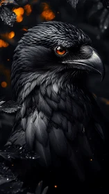 Obsidian raven portrait renders incandescent eye against bokeh