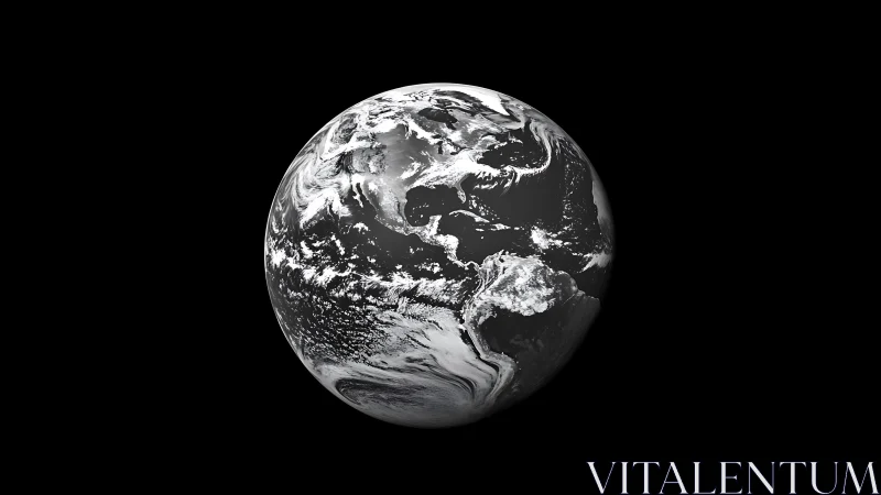 Monochrome satellite view of Earth with detailed cloud structures.