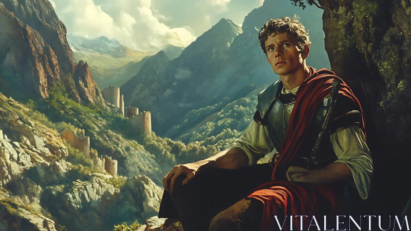 Young daydreaming hero resting above sunlit mountain ruins.