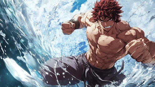 Muscular anime warrior punches through crashing ocean waves
