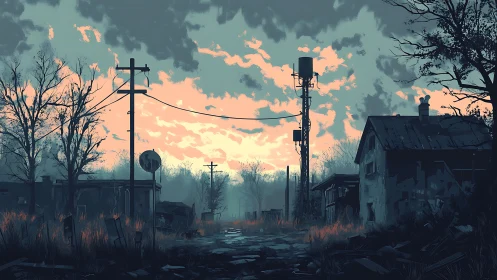 Twilight whispers over a rusted ghost-town crossroads.
