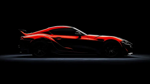 Red performance coupe in dramatic low key studio lighting.