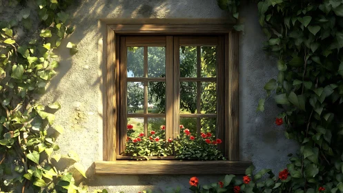 Sunlit cottage window framed with ivy and bright blooms.
