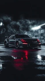 Night-stalking supercar glows in noir rain-slicked silence.