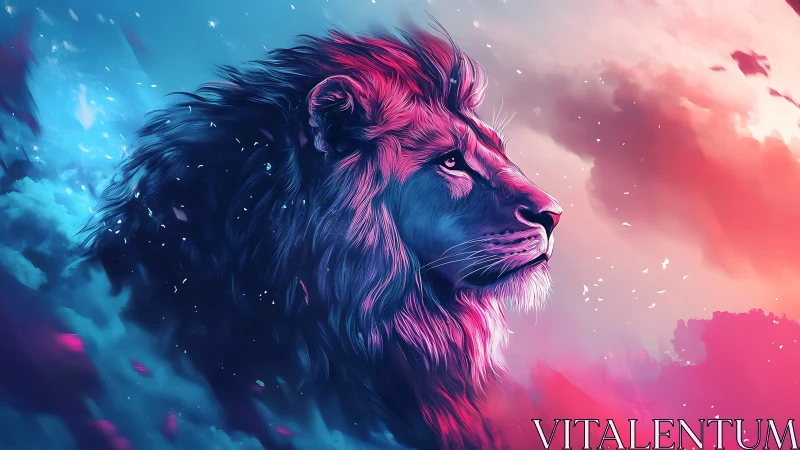 Majestic lion profile in vivid neon twilight clouds.
