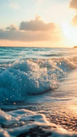 Sunlit shore break with glowing spray in warm pastel dusk.