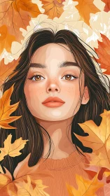 Portrait of young woman framed by vivid autumn leaves.