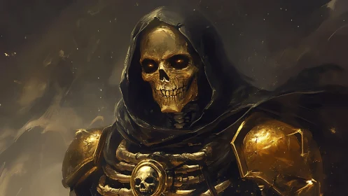 Armored skeletal warlord in gilded plate under shadowed hood