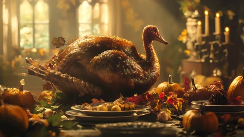 Golden roast turkey centerpiece on warm autumn table.