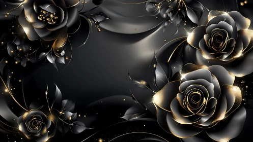 Black and gold metallic roses with particle accents on dark background.