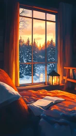 Sunlit winter cabin bedroom interior with snowy forest view
