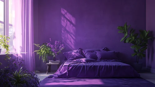 Lavender bedroom glows in soft morning light and shadows.