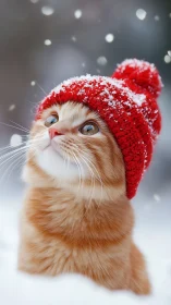 Feline Subject Wearing Snow-Laden Red Knit Pompom Beanie in Winter Bokeh Environment
