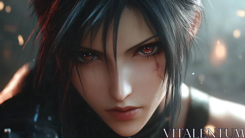 Scarred warrior girl with burning eyes in soft bokeh glow.